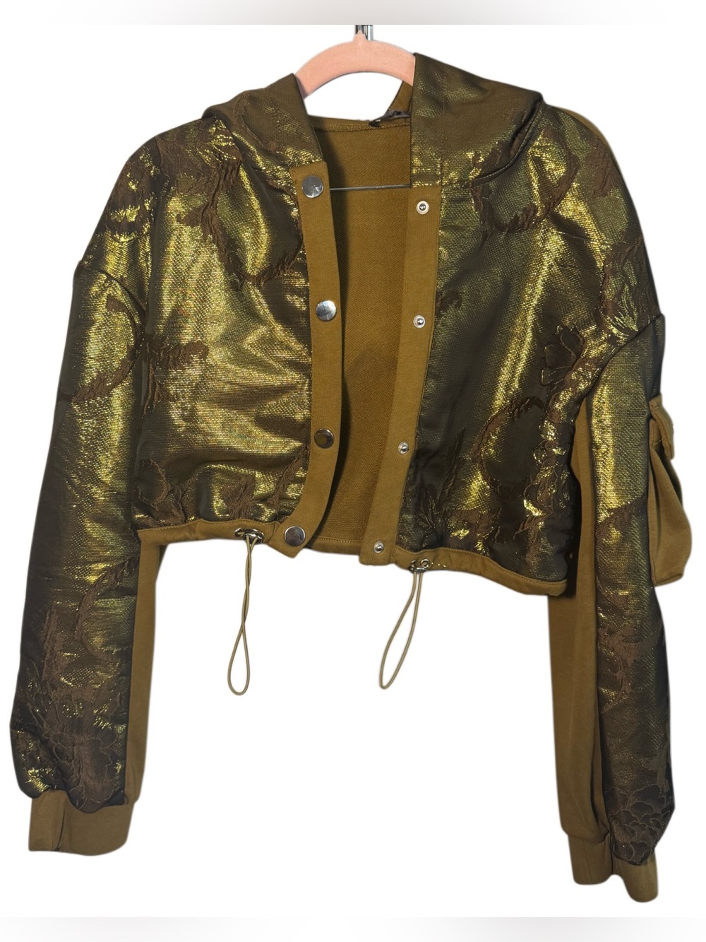 AKIRA Metallic Olive Green Cropped Bomber Jacket with Hood